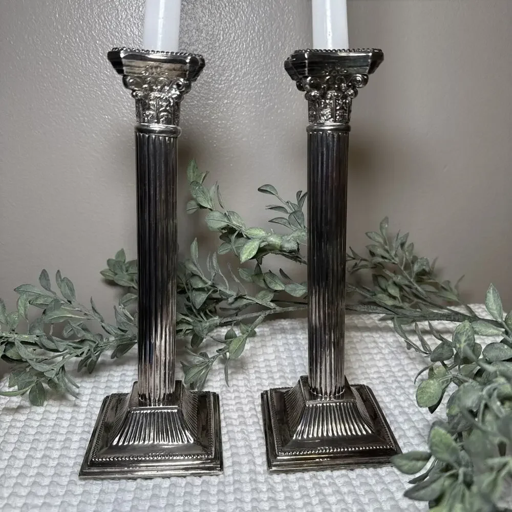 Pair 10” Vintage E.B. Rogers Silverplate Corinthian Column Candlesticks Heavy